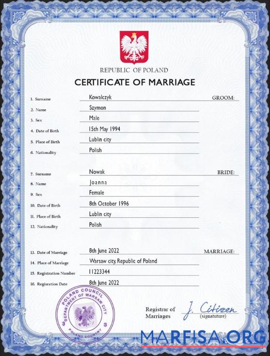 Realistic Poland marriage certificate PSD template
